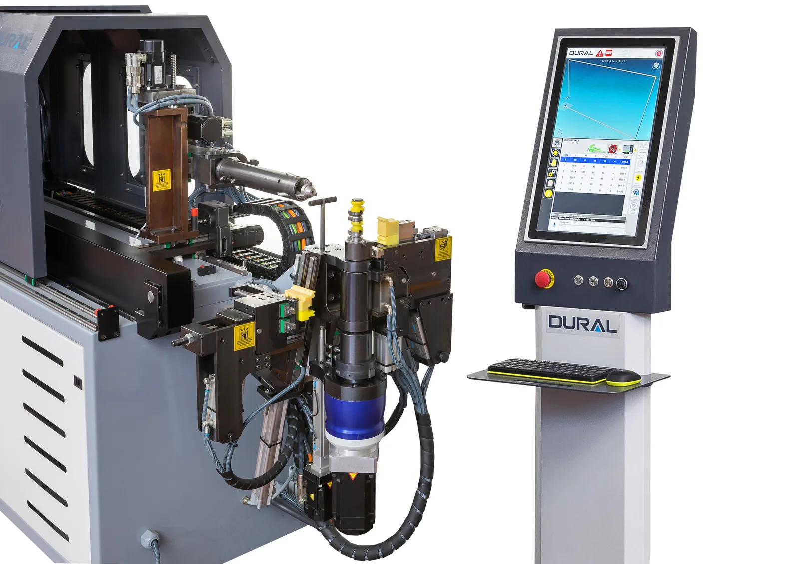Side view of the EOS full electric pipe bender showing the feed carriage