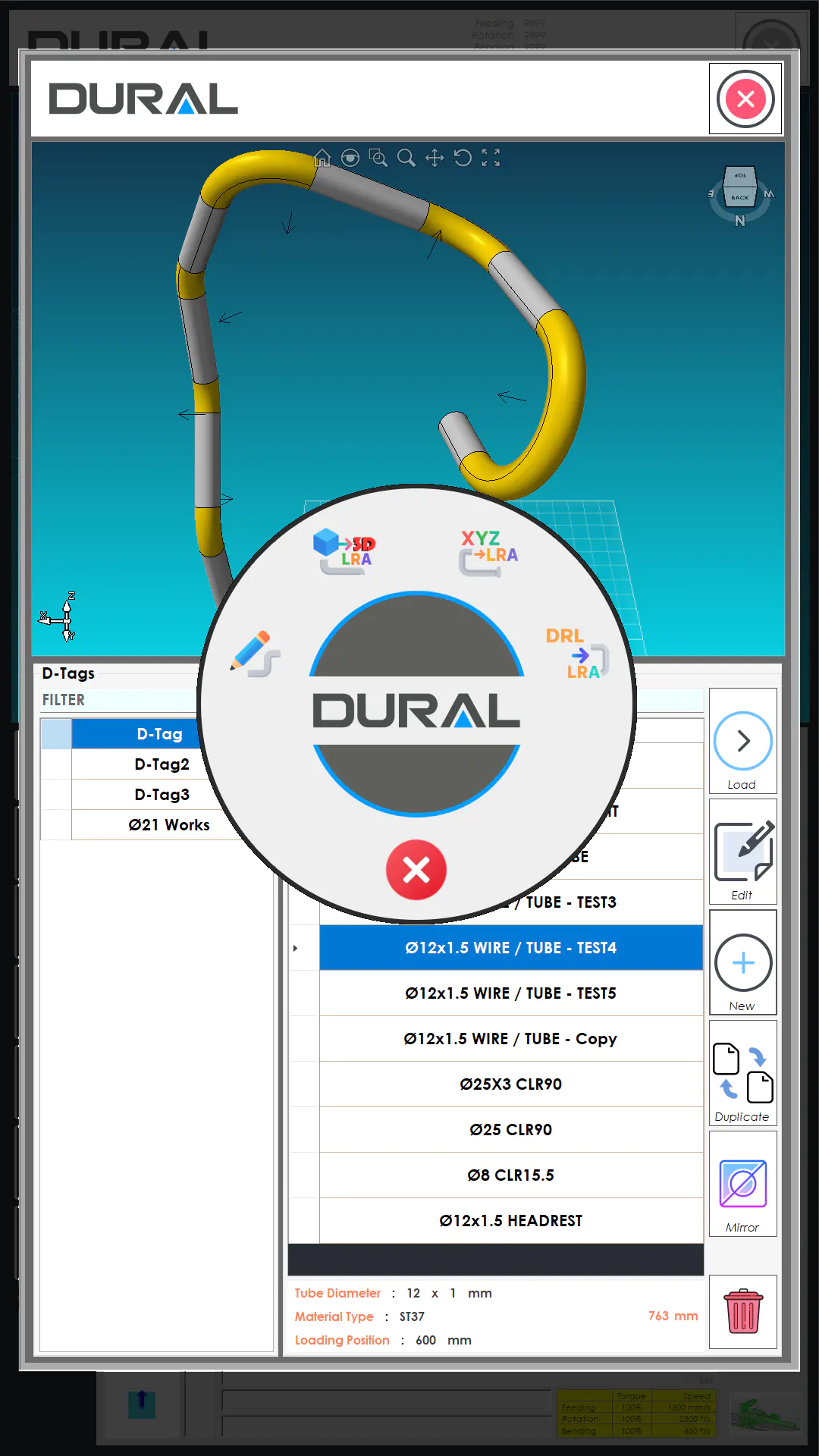 MyDural ETU main operator screen with 3D tube model