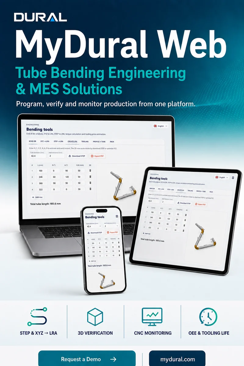 MyDural Web — tube bending engineering and MES platform on laptop, tablet and phone